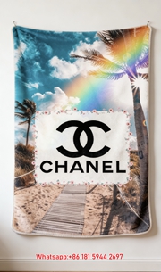 Luxury Chanel Black CC Logo Flannel Throw Blanket  Rainbow Beach Floral Frame Print IMG_7214